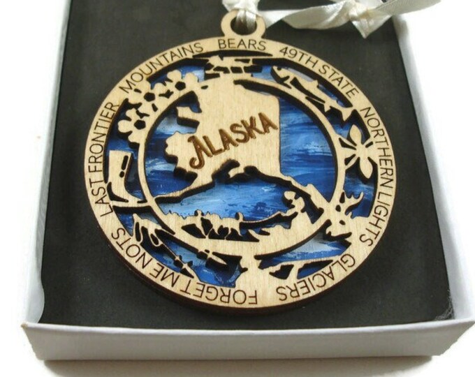 Alaska State Christmas Ornament Laser Engraved And Hand Painted
