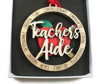 Teachers Aide Ornament Laser Engraved Hand Painted From Birch Wood