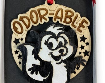 Funny Skunk Ornament "Odor-Able" Laser Engraved and Hand Painted Gag Gift