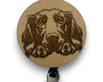 Badge Reel Laser Engraved Long Haired Dachshund , Retractable ID Holder