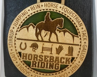 Horseback Riding Wooden Ornament, Equestrian Themed Christmas Tree Decoration with Ribbon, Horse Lover Gift