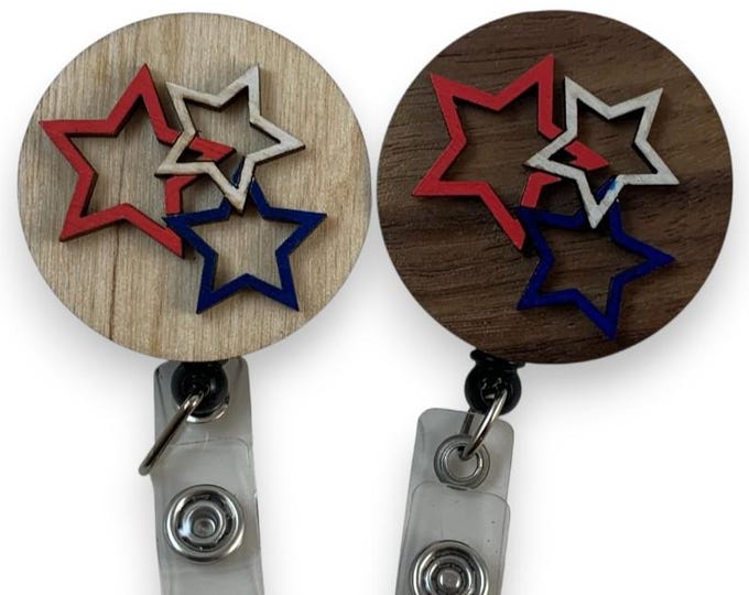 Featured listing image: Badge Reel Independents Day Red White and Blue Stars Retractable with Swivel Alligator Clip