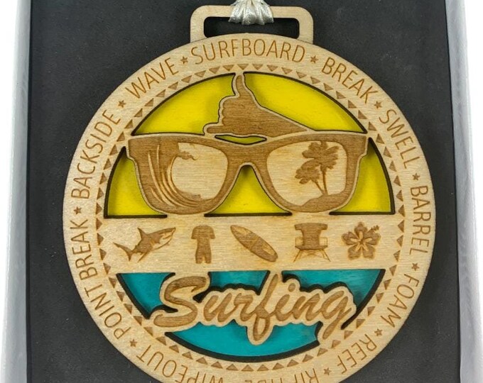 Surfing Christmas Ornament Laser Engraved From Birch Wood