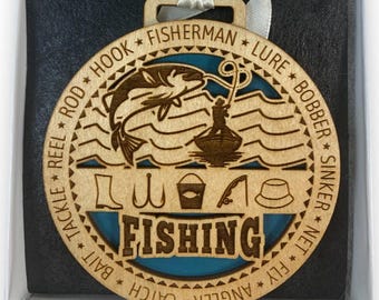 Wooden Fishing Ornament with Blue Accents, Fisherman Theme Decorative Hanging Ornament