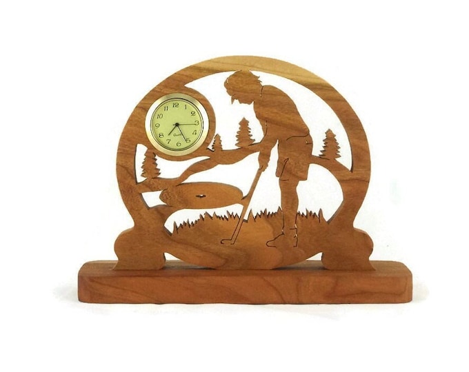 Female Golf Scene Desk Clock Handmade From Cherry Wood, Golfing Clock, Golfer Clock, Desk Clock NFB-1