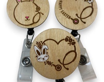 Wooden Badge Reels Easter Bunny Themes, Retractable ID Holder with Alligator Swivel Clip