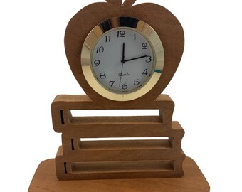 Teachers Desk Clock Featuring A Apple And School Books With 2 Inch Quartz Clock Handmade From Cherry Wood By KevsKrafts