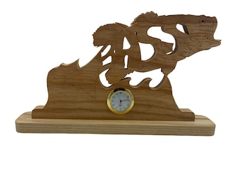 Bass Fish Desk Or Shelf Clock Handcrafted Using A Scroll Saw From Ash Wood by KevsKrafts