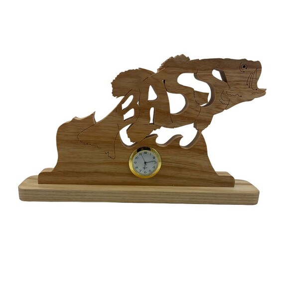 Handcrafted Ash Wood Bass Fish Clock: Scroll Saw Desk Decor