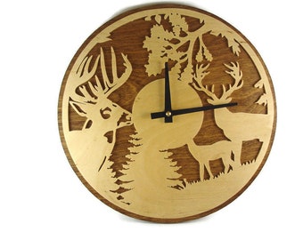 White Tail Buck Scene Wall Hang Clock Handmade From Birch Wood By KevsKrafts