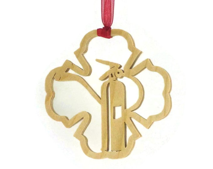 Fire Extinguisher Inside a Firefighter Symbol Christmas Ornament Handmade From Birch Wood BN-14LB