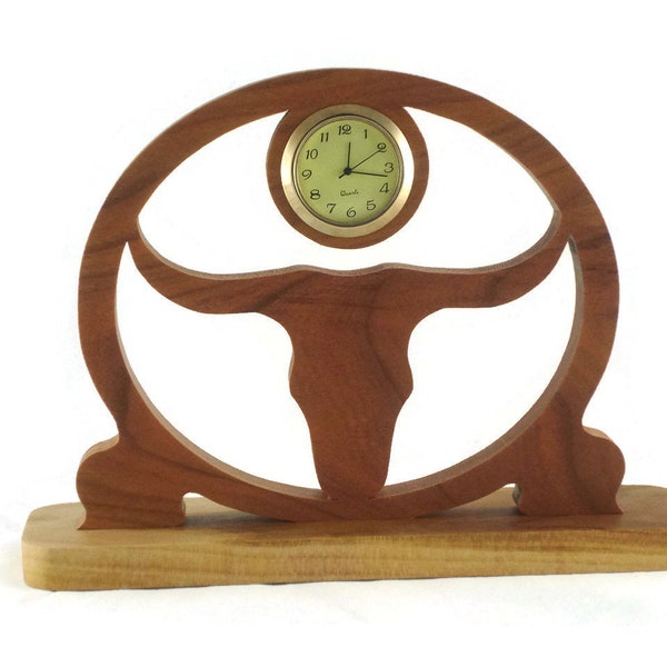 Texas Longhorn Desk Clock Handmade From Cherry Wood BN-4