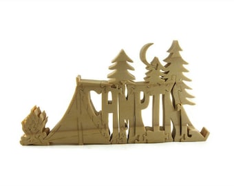 Camping Themed Scroll Saw Wood Puzzle Handmade From Poplar Lumber By KevsKrafts