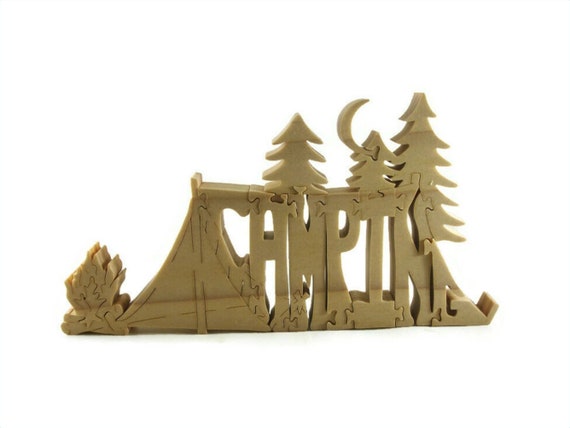 Camping Themed Scroll Saw Wood Puzzle Handmade From Poplar Lumber By KevsKrafts