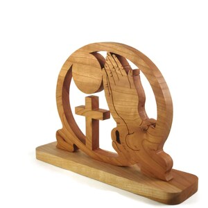 Praying Hands and Cross Desk Clock Handmade From Cherry Wood By KevsKrafts Woodworking image 5