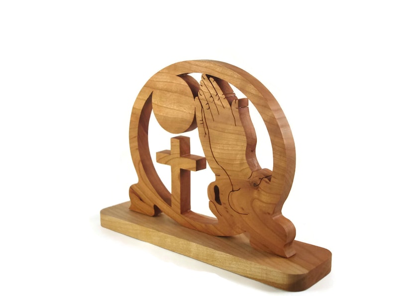 Praying Hands and Cross Desk Clock Handmade From Cherry Wood By KevsKrafts Woodworking image 5