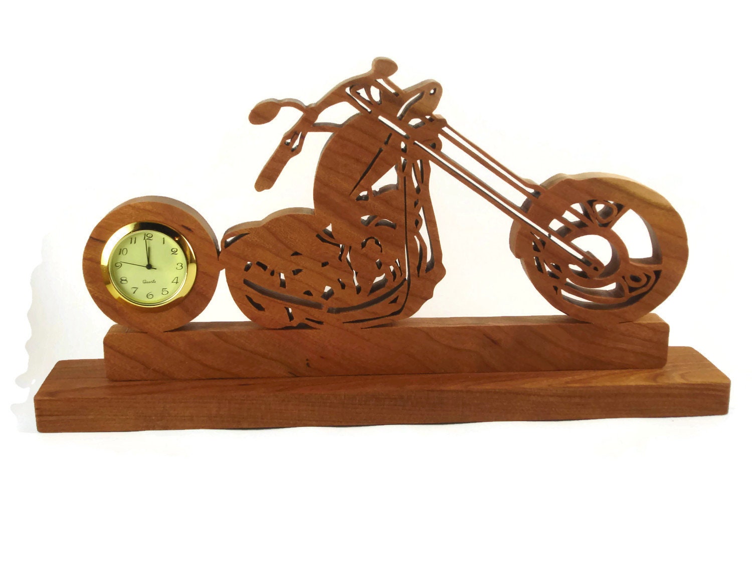 Motorcycle Chopper Bike Desk Clock Handmade From Cherry Wood By