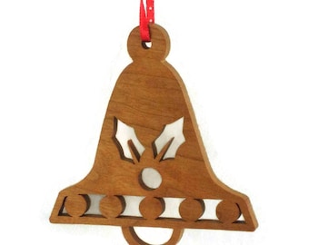Holly Bell Shaped Christmas Ornament Handmade From Cherry Wood