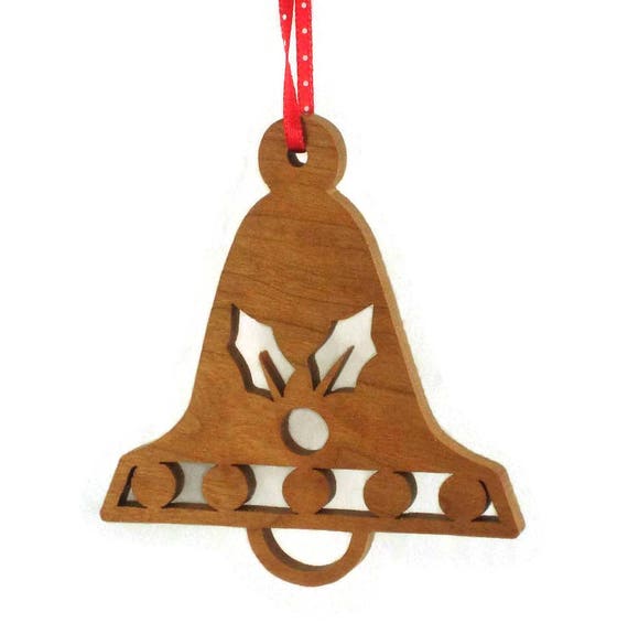 Holly Bell Shaped Christmas Ornament Handmade From Cherry Wood