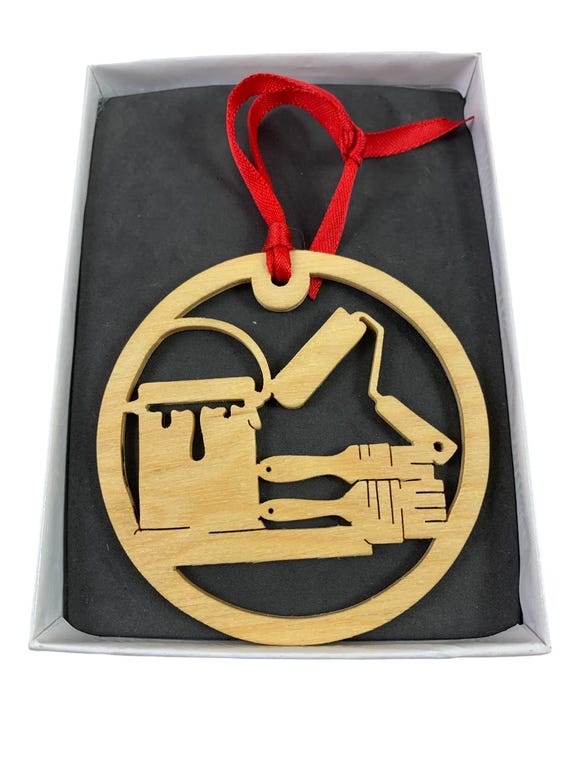 Painter Christmas Ornament: Birch Wood Paint Tools, Gift Box