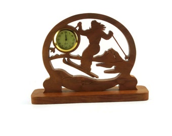 Female Ski Scene Desk Or Shelf Clock Handmade From Cherry Wood By KevsKrafts, NFB-1 Cross Country Skier, Downhill Skiing