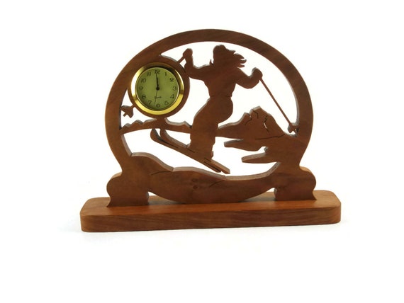 Handmade Cherry Wood Ski Scene Clock: Desk or Shelf Decor