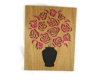 Pink Or Red Rose Wall Art Portrait Handmade From Oak Plywood By KevsKrafts