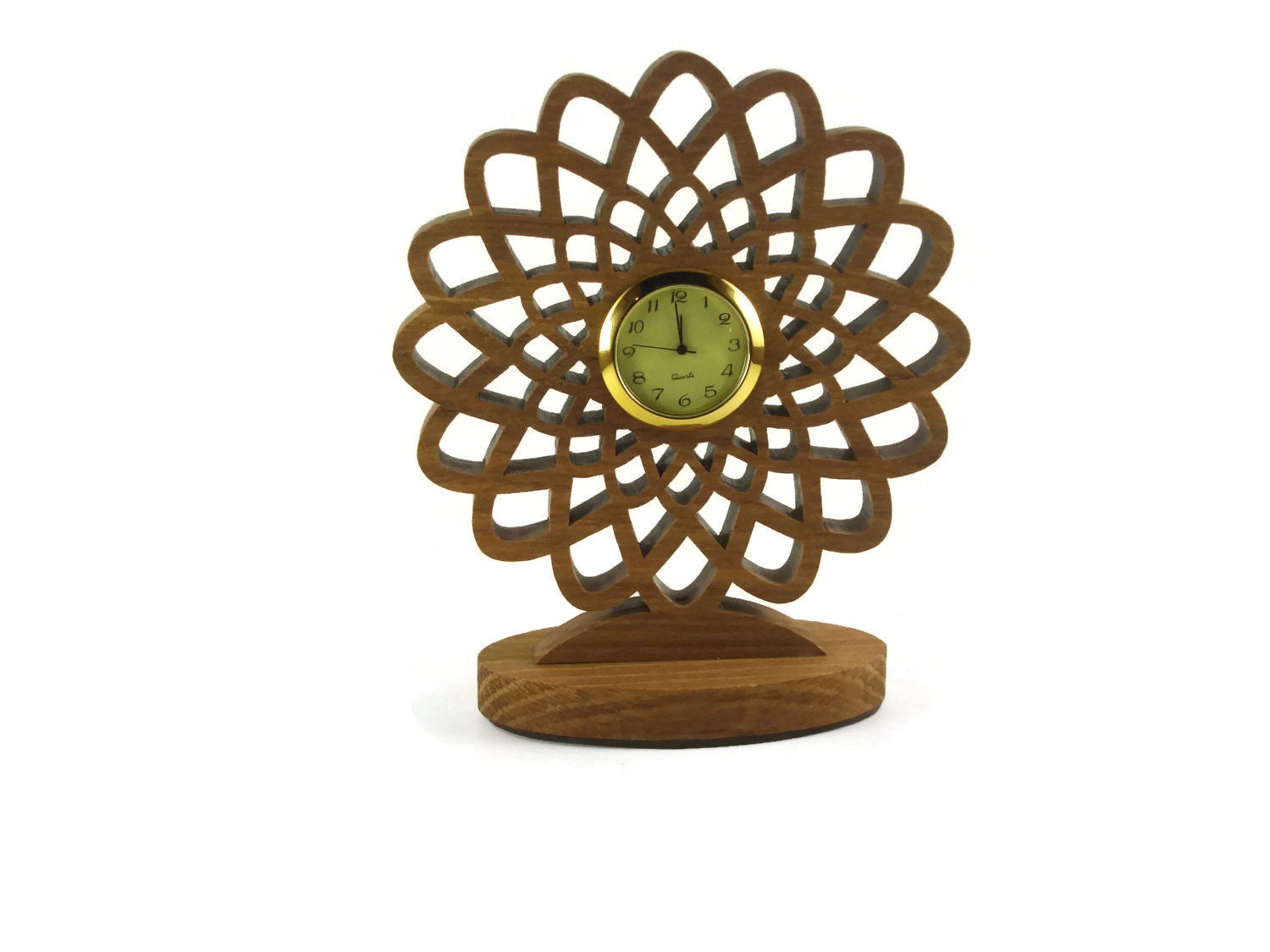 Geometric Flower Desk Or Shelf Clock Handmade From Oak Wood By