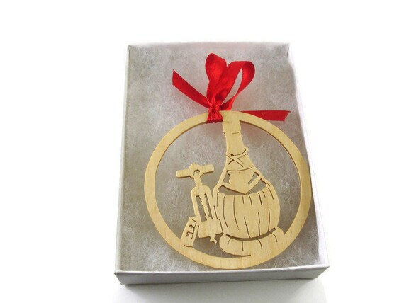 Wine Bottle and Cork Screw Christmas Ornament Handmade From Birch Wood By KevsKrafts BN-15