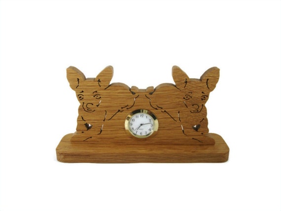 Chihuahua Puppies Desk Clock Handcrafted from Oak Wood