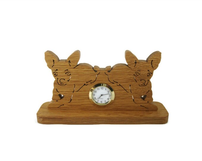 Chihuahua Puppies Desk Clock Handcrafted from Oak Wood
