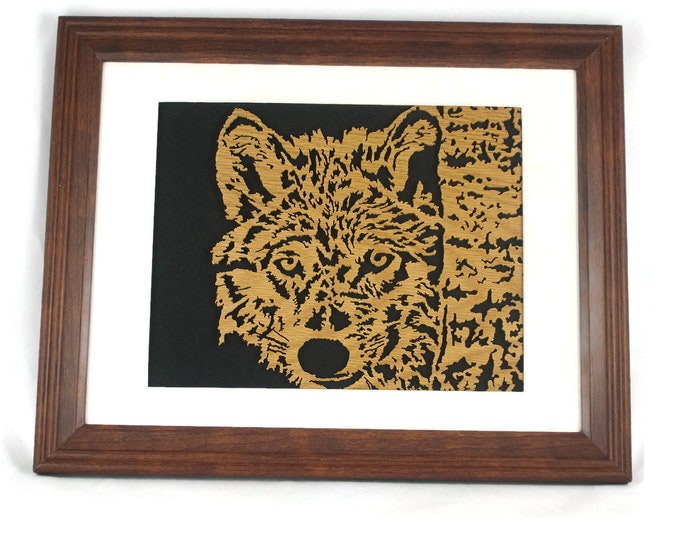 Wolf Framed Wood Wall Hanging Art Decor Handmade From 8.5" x 11" Oak Wood Wolf Looking Close Up