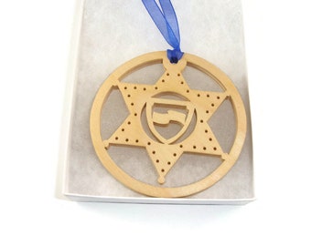 Police Or Sheriff Badge Christmas Ornament Handmade From Birch Wood By KevsKrafts BN-9
