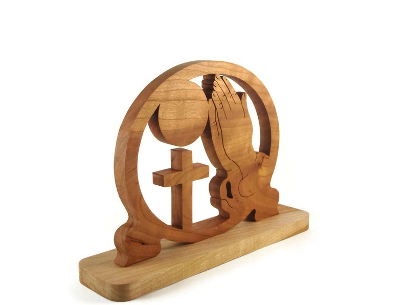 Praying Hands and Cross Desk Clock Handmade From Cherry Wood By KevsKrafts Woodworking image 4