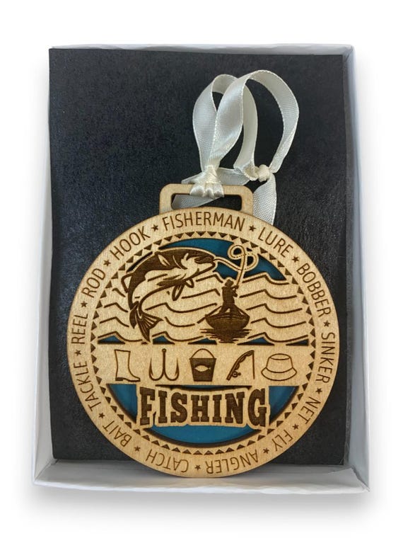 Wooden Fishing Ornament with Blue Accents, Fisherman Theme Decorative Hanging Ornament