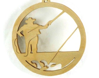 Fly Fisherman Fishing Christmas Ornament Handcrafted from Birch Wood