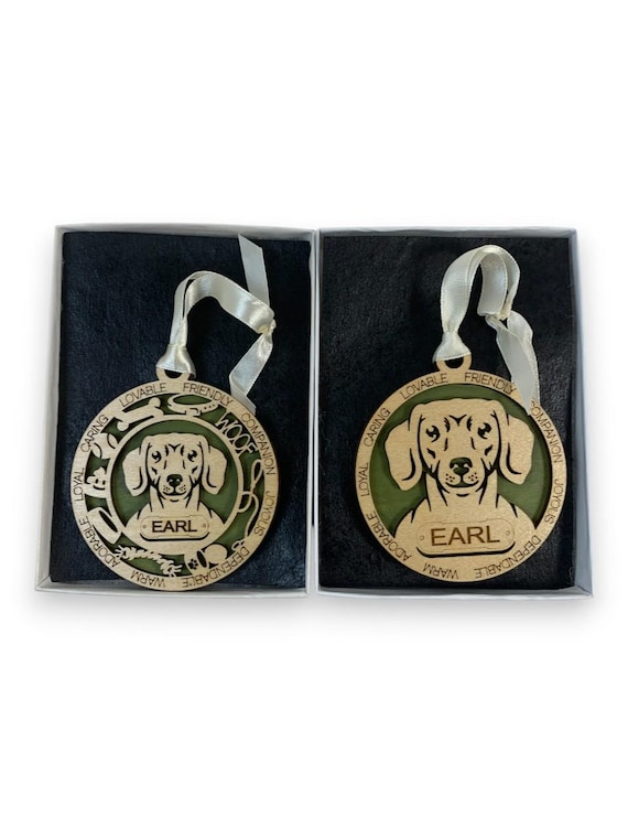 Personalized Dachshund Ornament Laser Engraved and Hand Painted Two Styles To Choose From