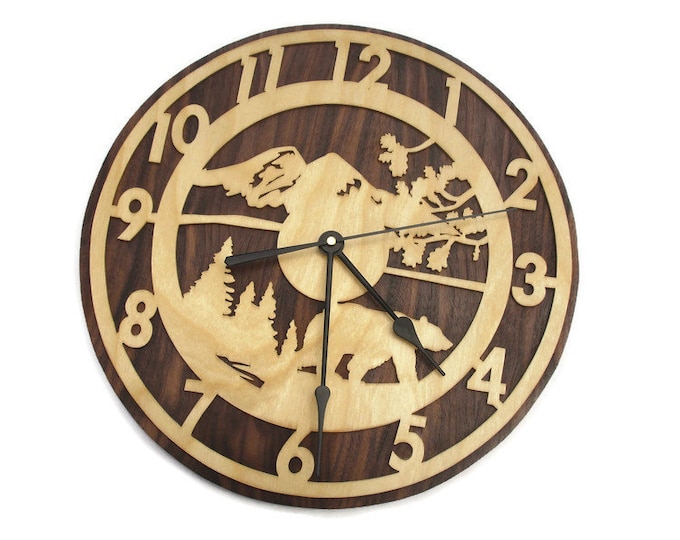 Bear Scene With Numbers Wall Clock Handmade From Birch And Walnut Plywood By KevsKrafts