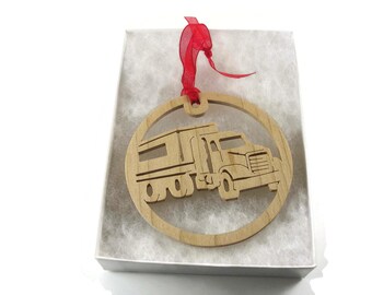 Semi Tractor Trailer Christmas Ornament, Handmade From Birch Wood By KevsKrafts BN-001-3