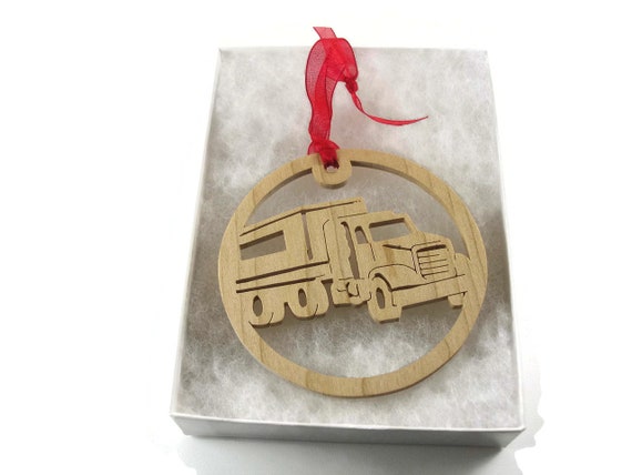 Semi Tractor Trailer Christmas Ornament, Handmade From Birch Wood By KevsKrafts BN-001-3