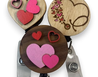 Wooden Badge Reels with Valentine Heart Designs, Retractable ID Holder with Alligator Swivel Clip