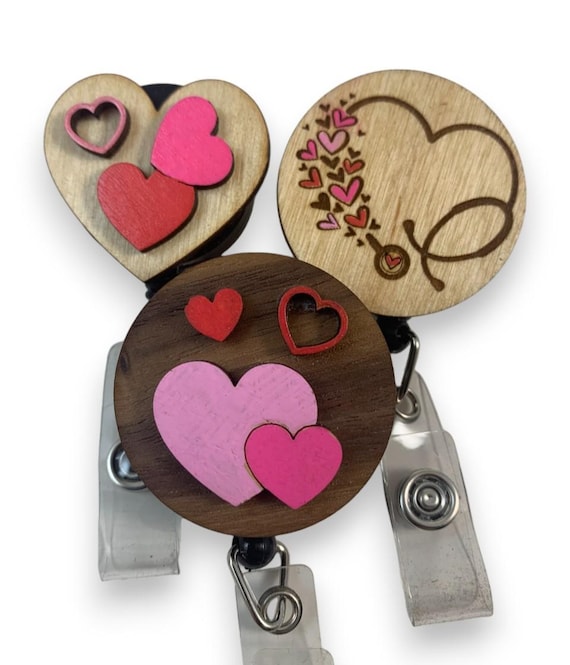 Wooden Badge Reels with Valentine Heart Designs, Retractable ID Holder with Alligator Swivel Clip