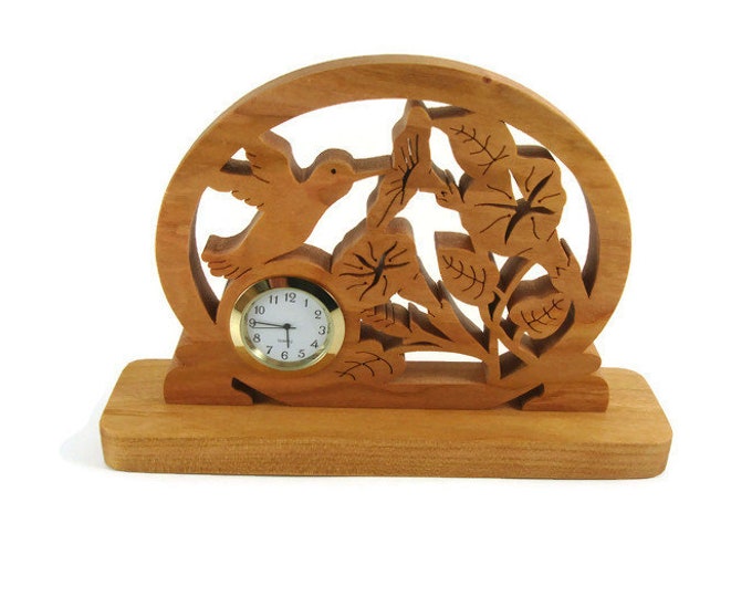 Humming Bird Getting Nectar From A Trumpet Vine Desk Or Shelf Clock Handmade From Cherry Wood By KevsKrafts