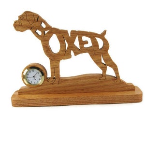 Reloj de escritorio o estante con orejas sin recortar de perro boxer hecho a mano con sierra de marquetería de madera de roble por KevsKrafts imagen 2