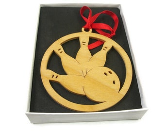 Bowling Ball And Pins Christmas Ornament Handmade From Birch Wood