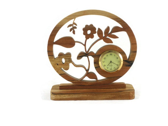 Floral Desk / Shelf Clock Handmade From Spalted Maple Wood With Quartz Clock Insert
