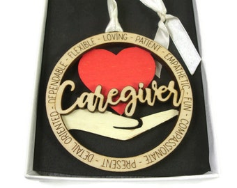 Caregiver Christmas Ornament Laser Engraved From Birch Wood Hand Painted