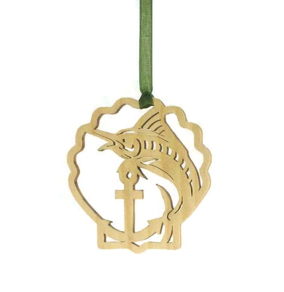 Marlin Fish Fishing Christmas Ornament Handmade From Birch Wood Handcrafted Using A Scroll Saw