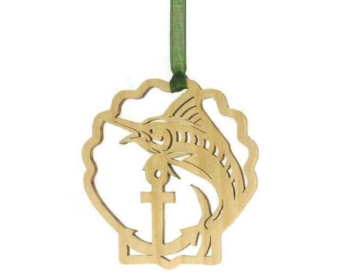 Marlin Fish Fishing Christmas Ornament Handmade From Birch Wood Handcrafted Using A Scroll Saw