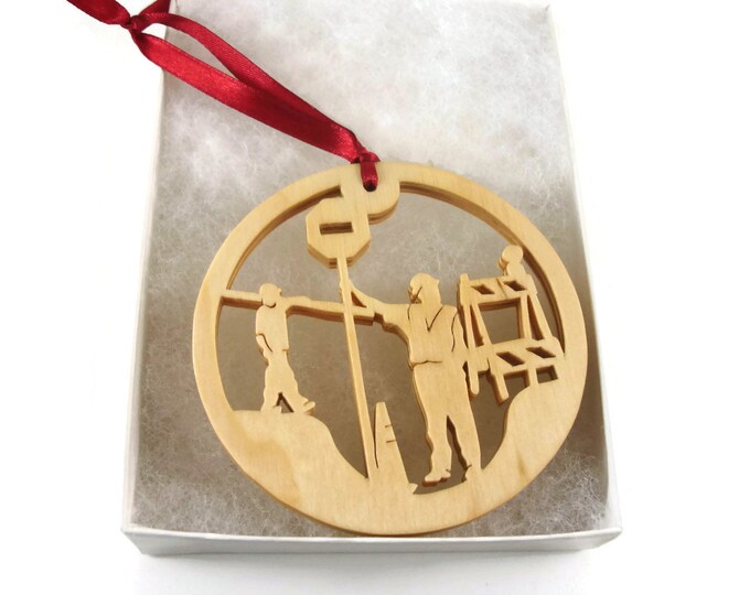 Road Construction Crew Christmas Ornament With Barricade, Cones, And Stop Sign Handmade From Birch Wood By KevsKrafts BN-002-M1